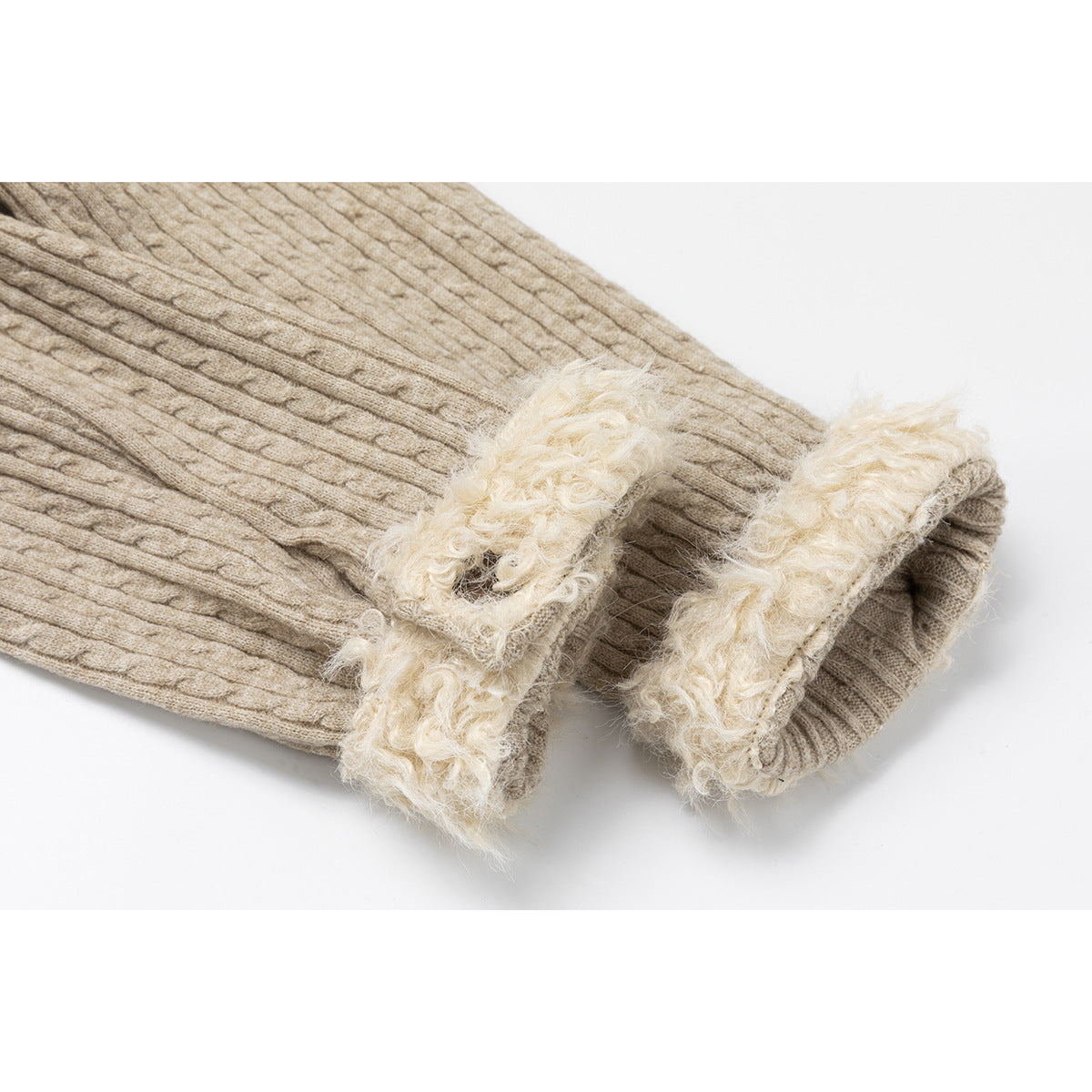 Taupe rib-knit cuff finished with a wide curly cream-colored trim.