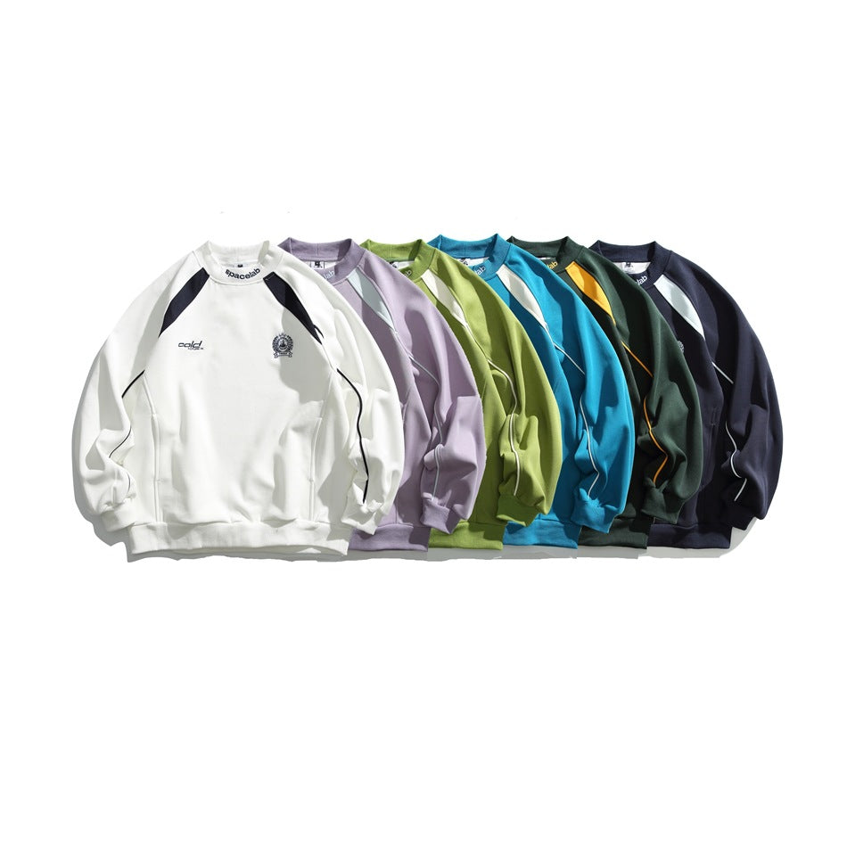 Six sweatshirts displayed together in white, lavender, lime green, bright blue, dark green, and navy.
