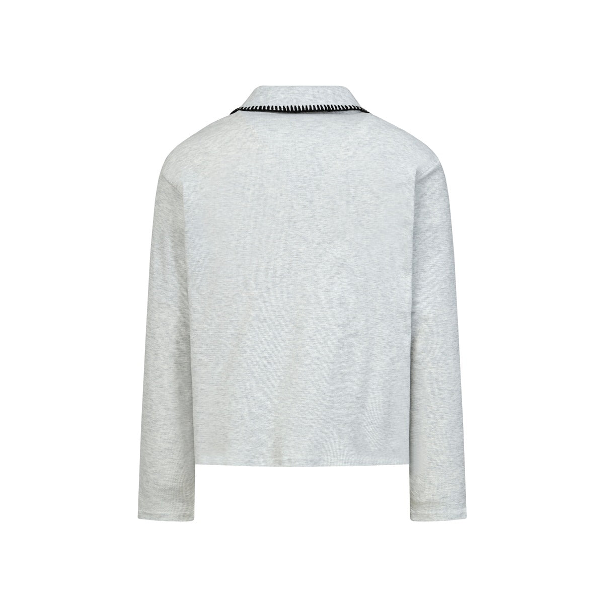Back view of a light gray long-sleeve top with black stitching along the collar.