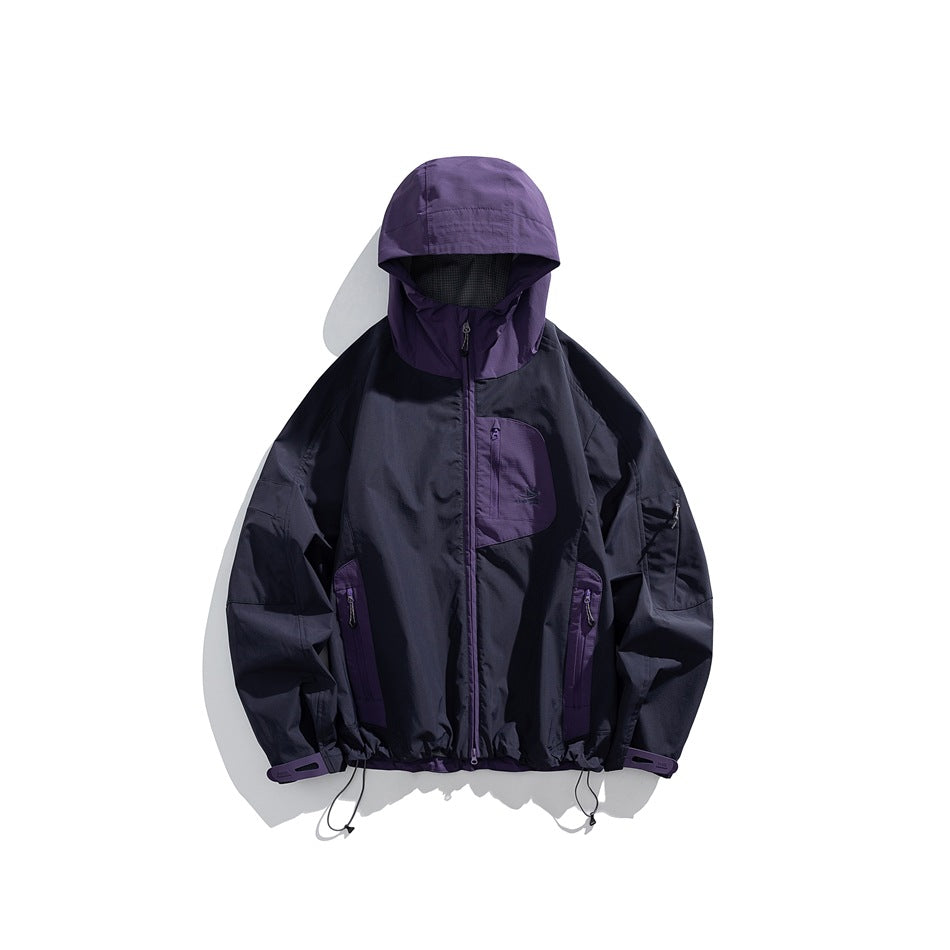 Navy hooded zip jacket with purple hood, chest panel and pocket panels, front view on white background