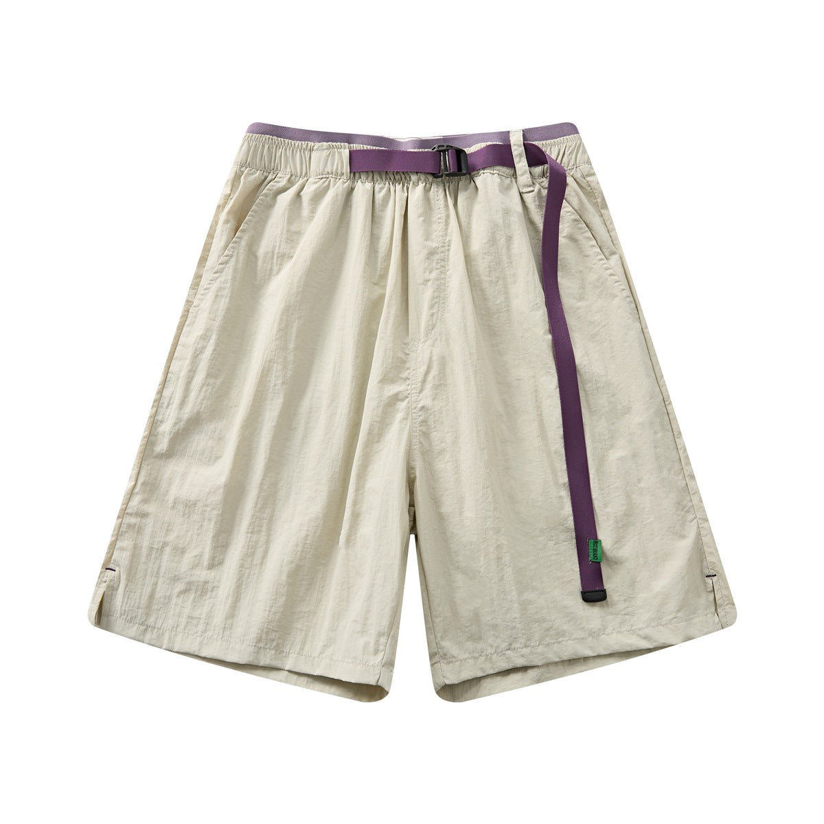 Beige knee-length shorts with elastic waist, purple contrast waistband and purple webbing belt, front flat view