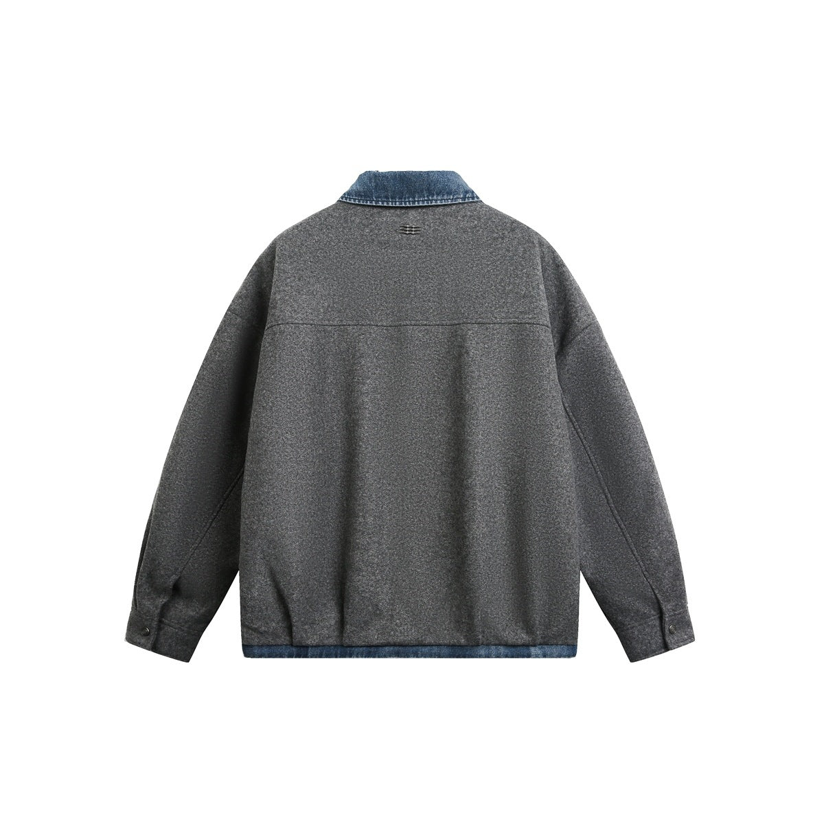 Back view of a gray jacket with a blue denim collar and hem trim, laid flat on a white background.