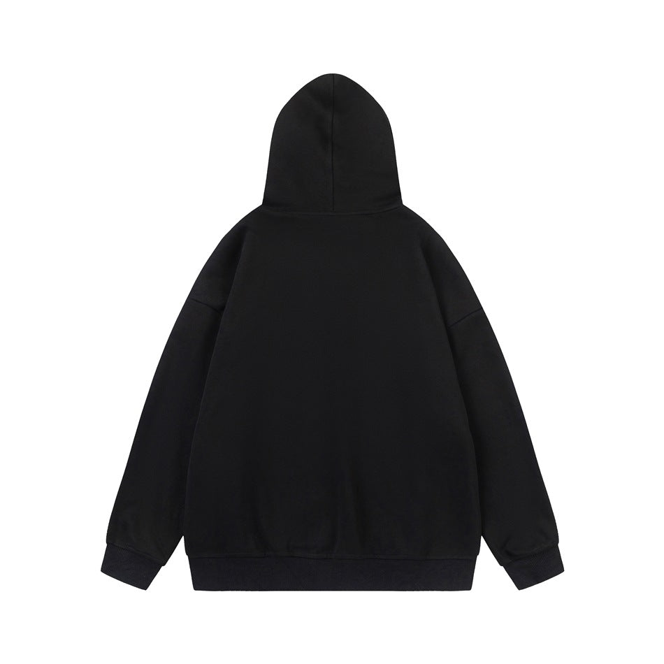 Back view of a plain black hooded sweatshirt with long sleeves and ribbed cuffs and hem.