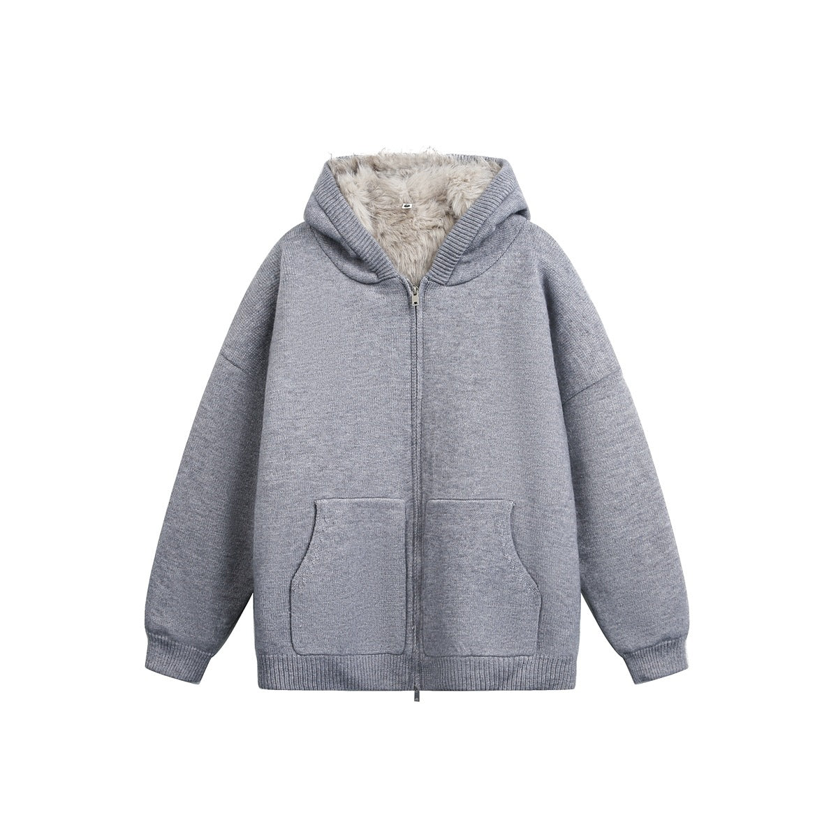 Light gray knit zip-front hooded jacket with plush fur-like lining, front patch pockets and ribbed trim
