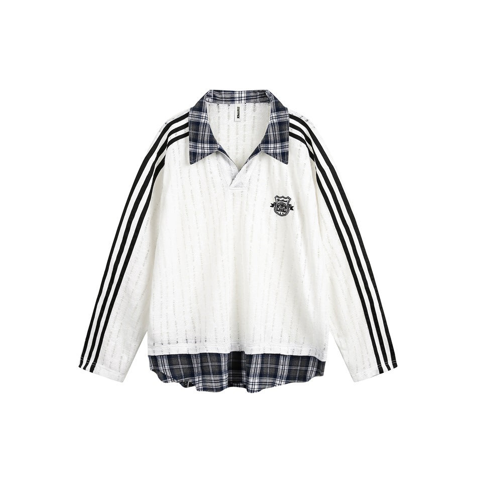 White long-sleeve polo-collar top with navy plaid collar and hem, black three-stripe sleeves and a chest crest