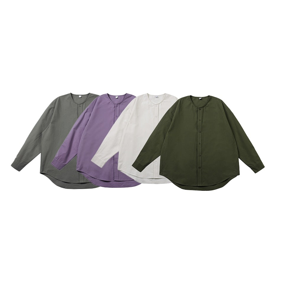 Four long-sleeved button-front shirts in gray-green, muted purple, off-white, and dark olive, shown from the front.