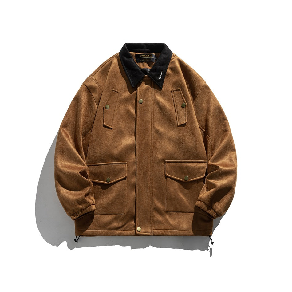 Khaki-brown suede-look utility jacket with black collar, snap flap pockets and elastic cuffs, flat lay front view
