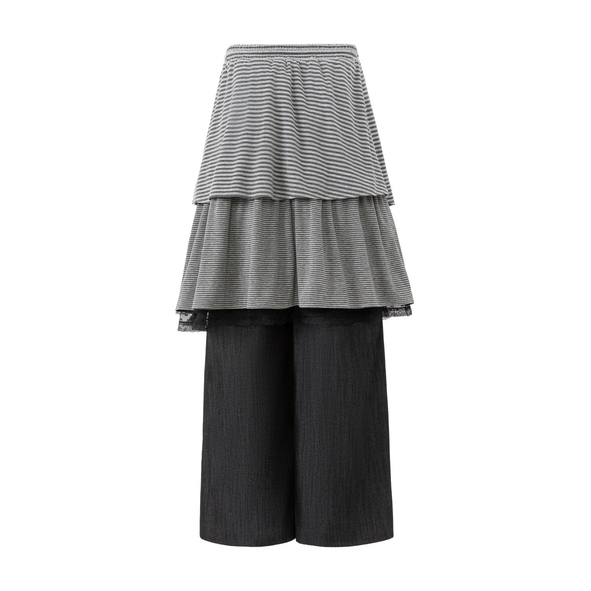 Gray striped, two-tier skirt with black lace trim layered over wide-leg black pants, shown against white.