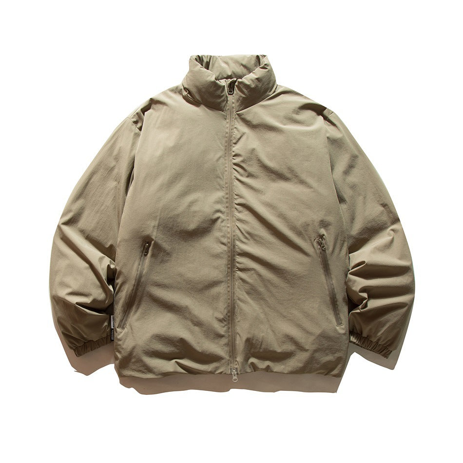 Khaki padded stand-collar jacket, flat lay front view with zipper and slanted zip pockets