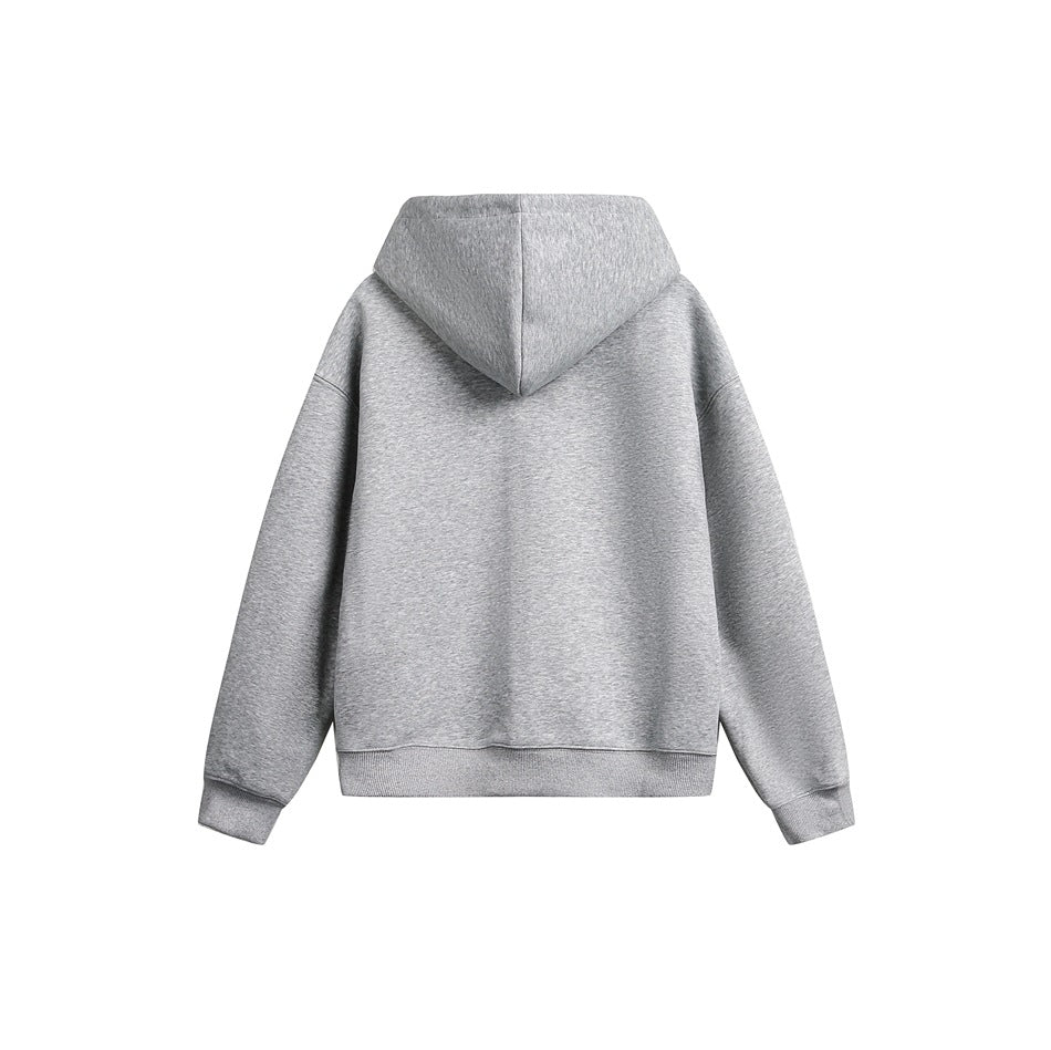 Back view of a plain heather gray pullover hoodie with a hood, long sleeves, ribbed cuffs, and hem.