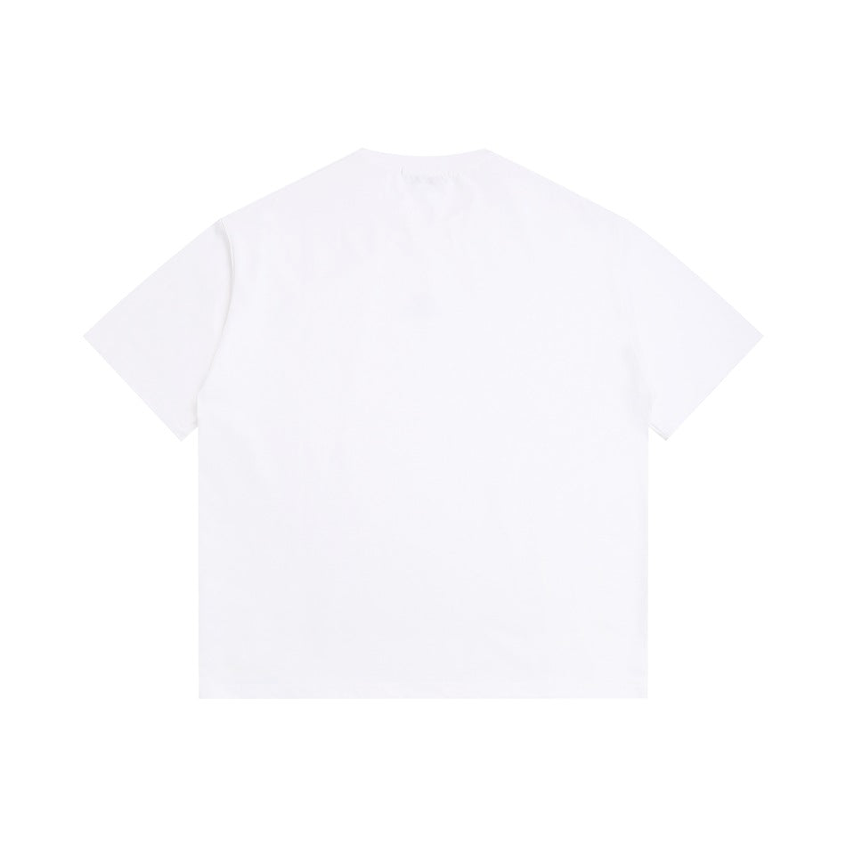 Flat-lay back view of a plain white short-sleeve crew-neck T-shirt.
