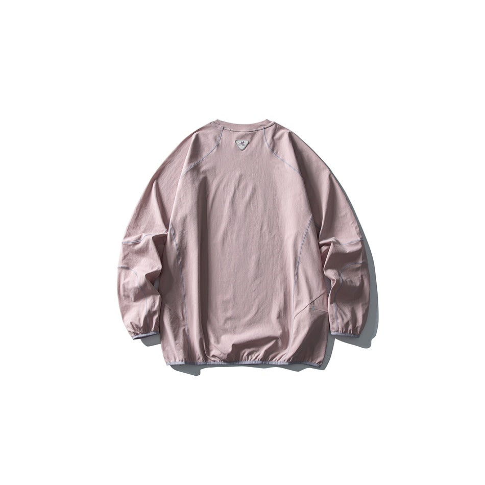 Back view of a dusty mauve pullover with long raglan sleeves and pale blue-gray contrast piping.