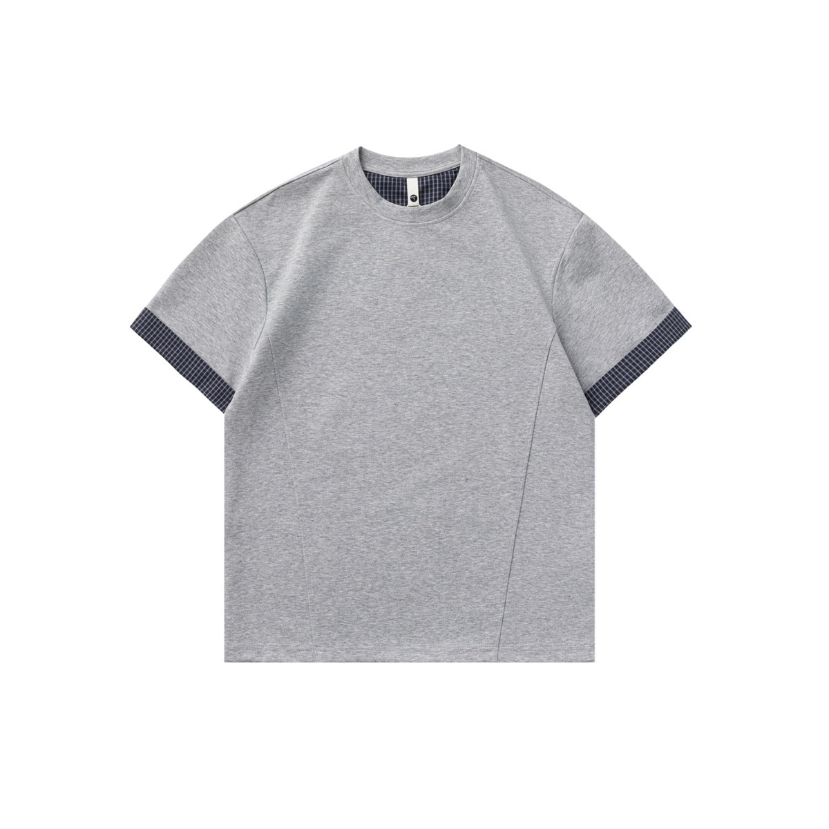 Heather gray short-sleeve crew-neck T-shirt with navy micro-check inner neck and sleeve cuff trim, flat front view