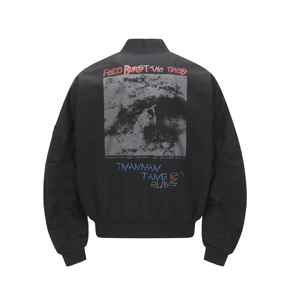 Black bomber jacket back view with large grayscale graphic print, ribbed collar, cuffs and hem