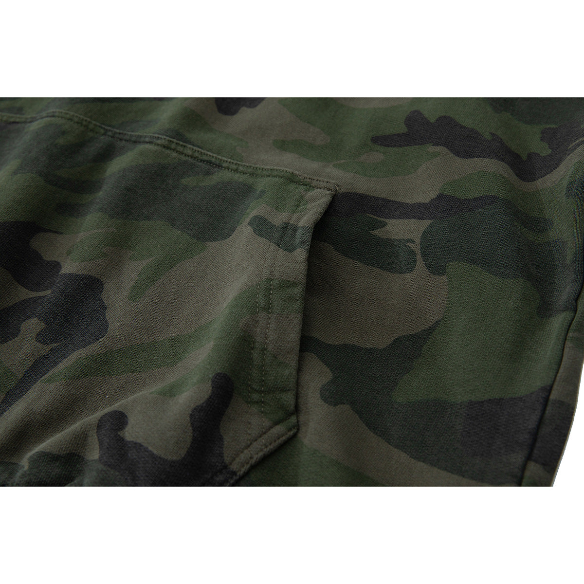 Close-up of the green camouflage hoodie’s front kangaroo pocket and stitching.