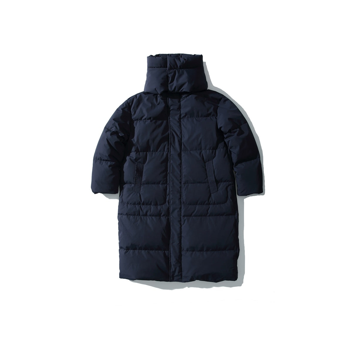 Navy long quilted puffer jacket with high stand collar, front placket and two ribbed-detail pockets, flat lay