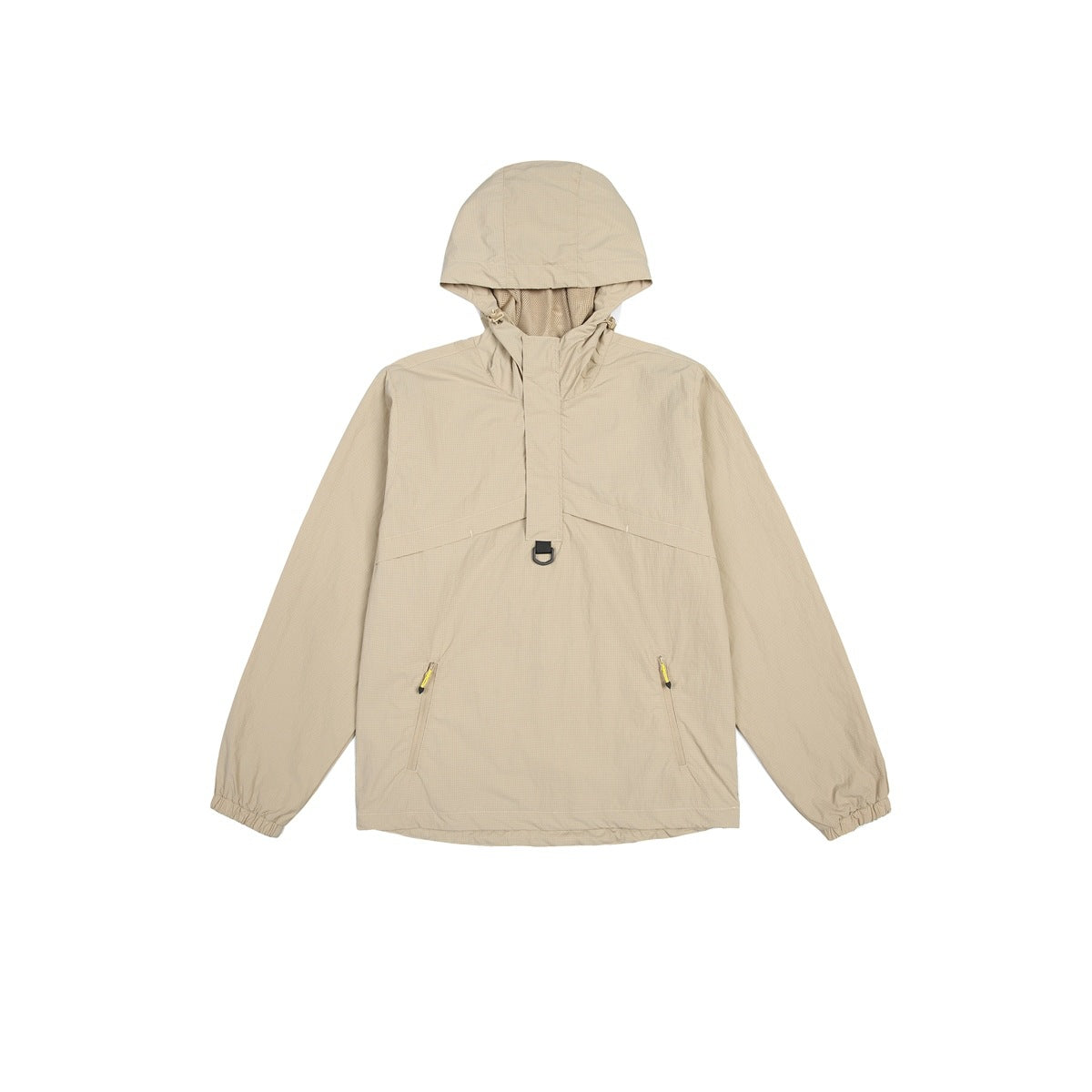 Khaki hooded half-zip pullover jacket flat lay with D-ring, zip pockets and elastic cuffs