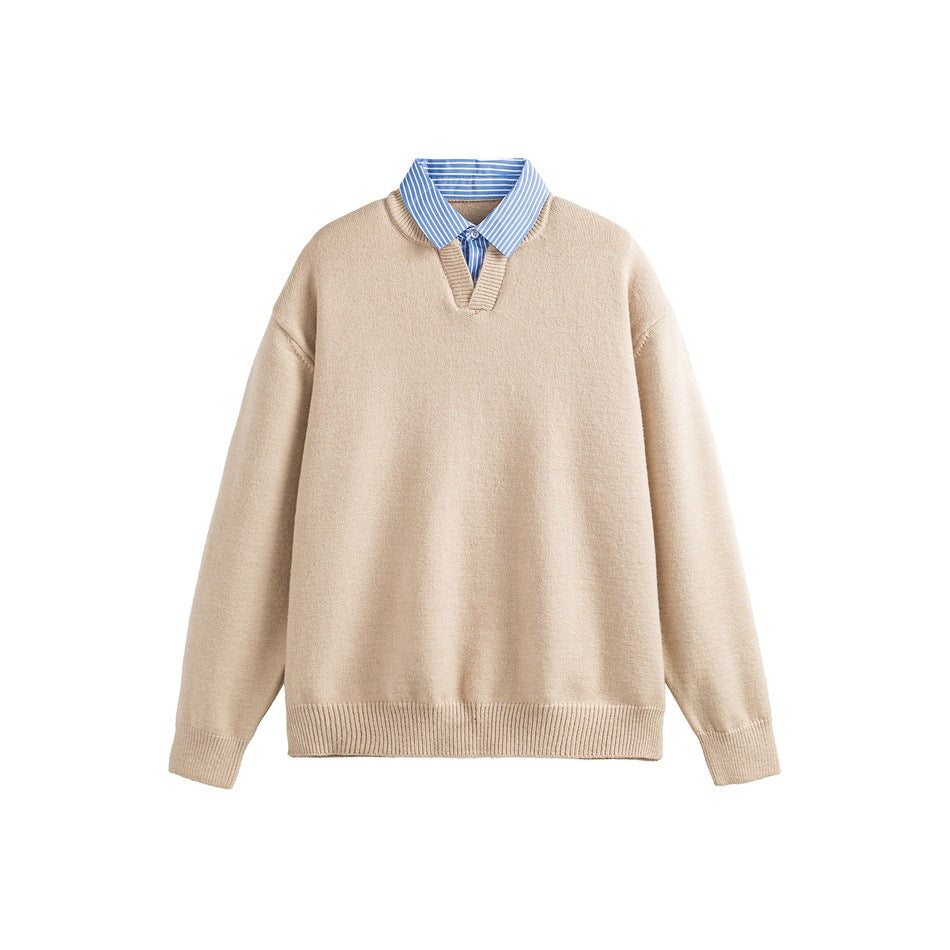 Apricot knit sweater with blue striped shirt collar and V-neck, flat lay front view