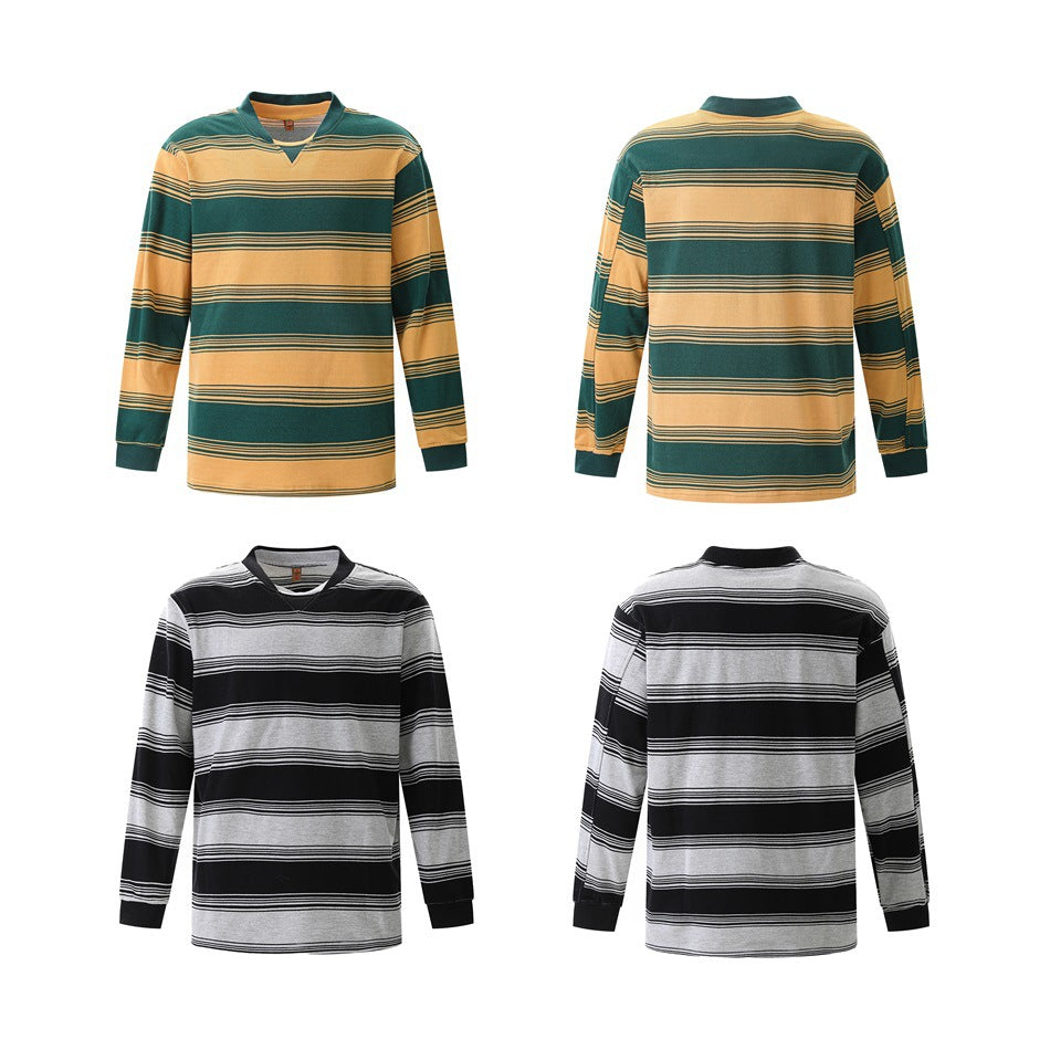 Front and back views of striped long-sleeve shirts in green and mustard, and black and light gray colorways.