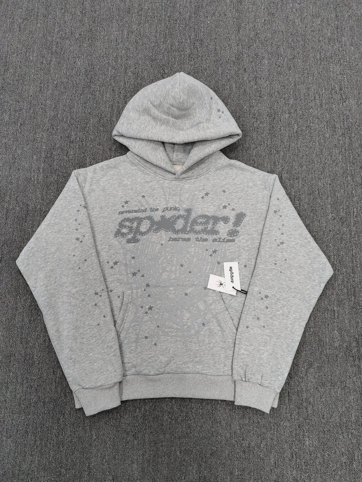 Grey Sp5der pullover hoodie with spider web graphic and star print detailing on chest and sleeves