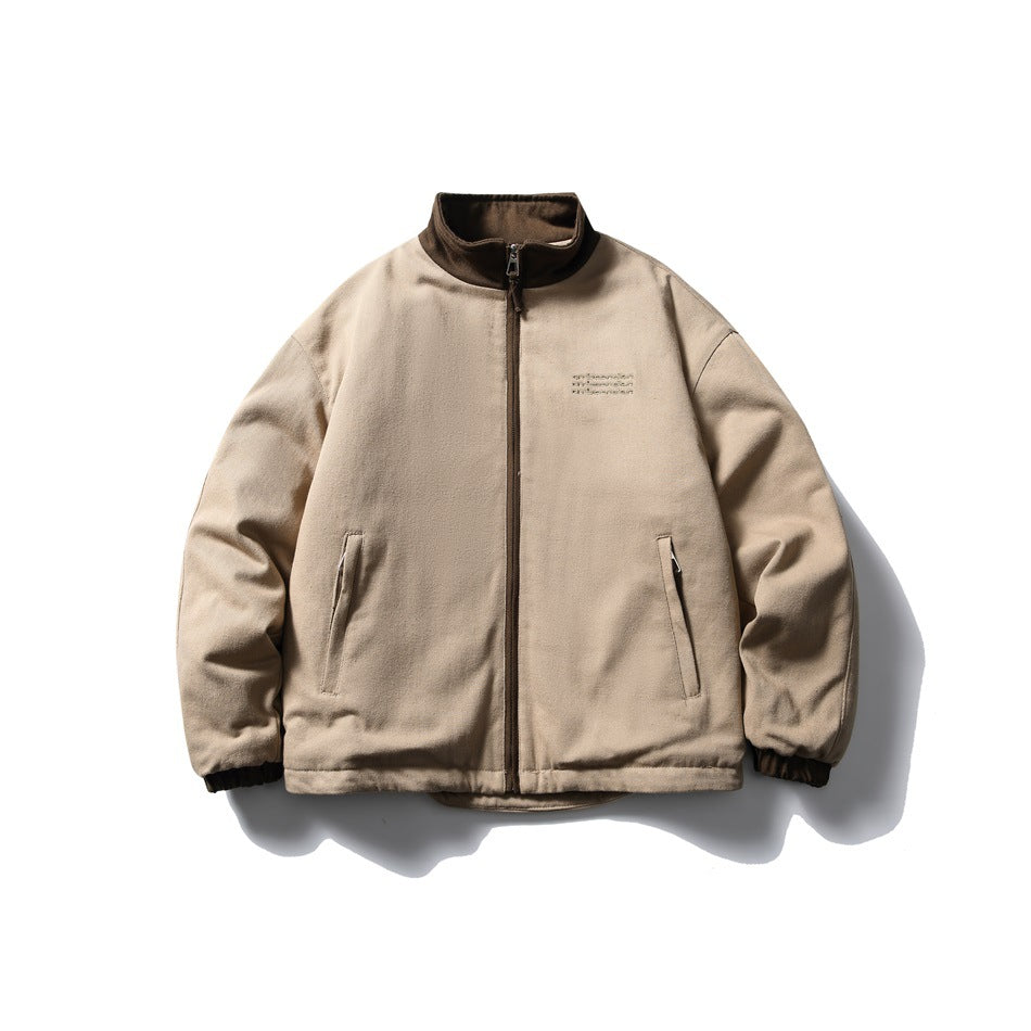 Khaki stand-collar zip jacket with brown collar, brown zipper, zip hip pockets and brown ribbed cuffs, flat front view