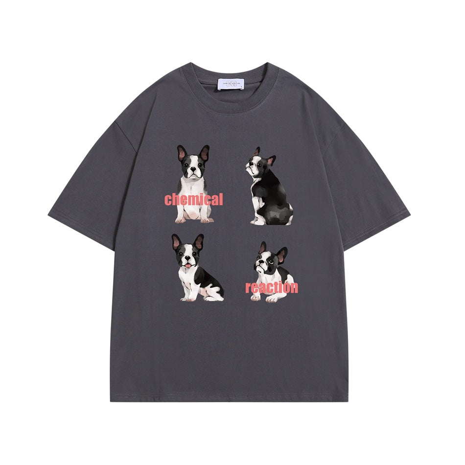 Dark gray short-sleeve crew-neck T-shirt with four dog illustrations and coral pink chemical reaction text