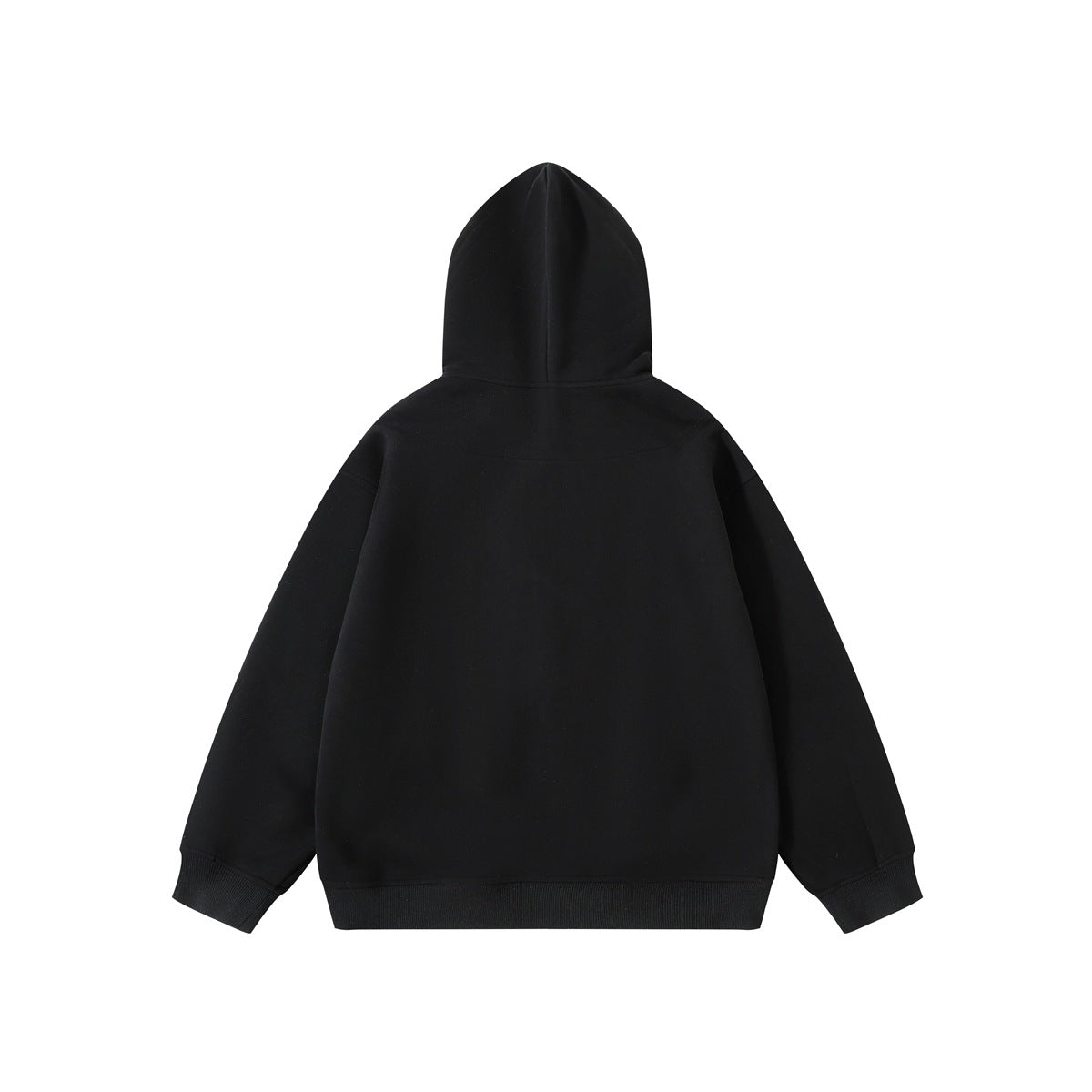 Back view of a plain black hooded sweatshirt with ribbed cuffs and hem.