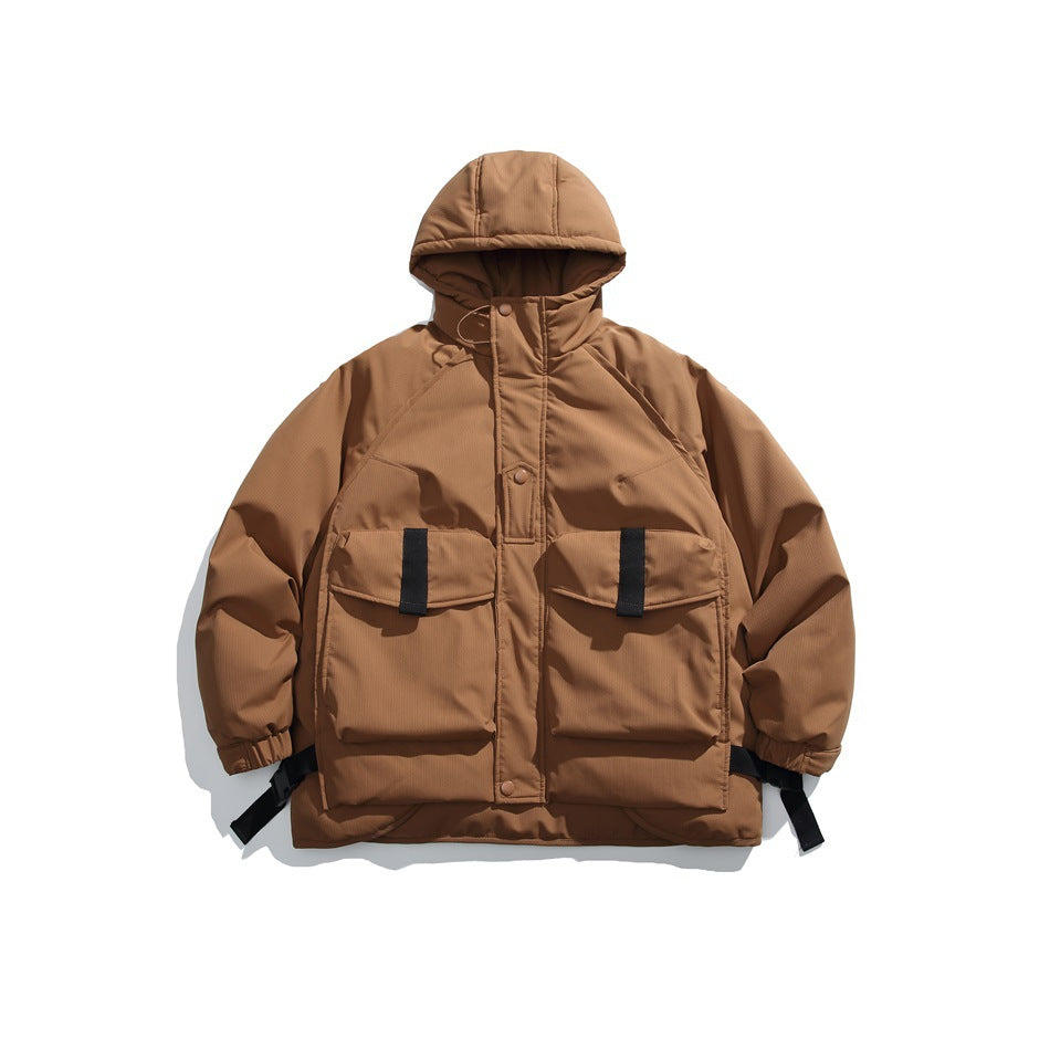 Brown hooded puffer jacket, front flat lay, with two flap pockets, black strap tabs and elastic cuffs