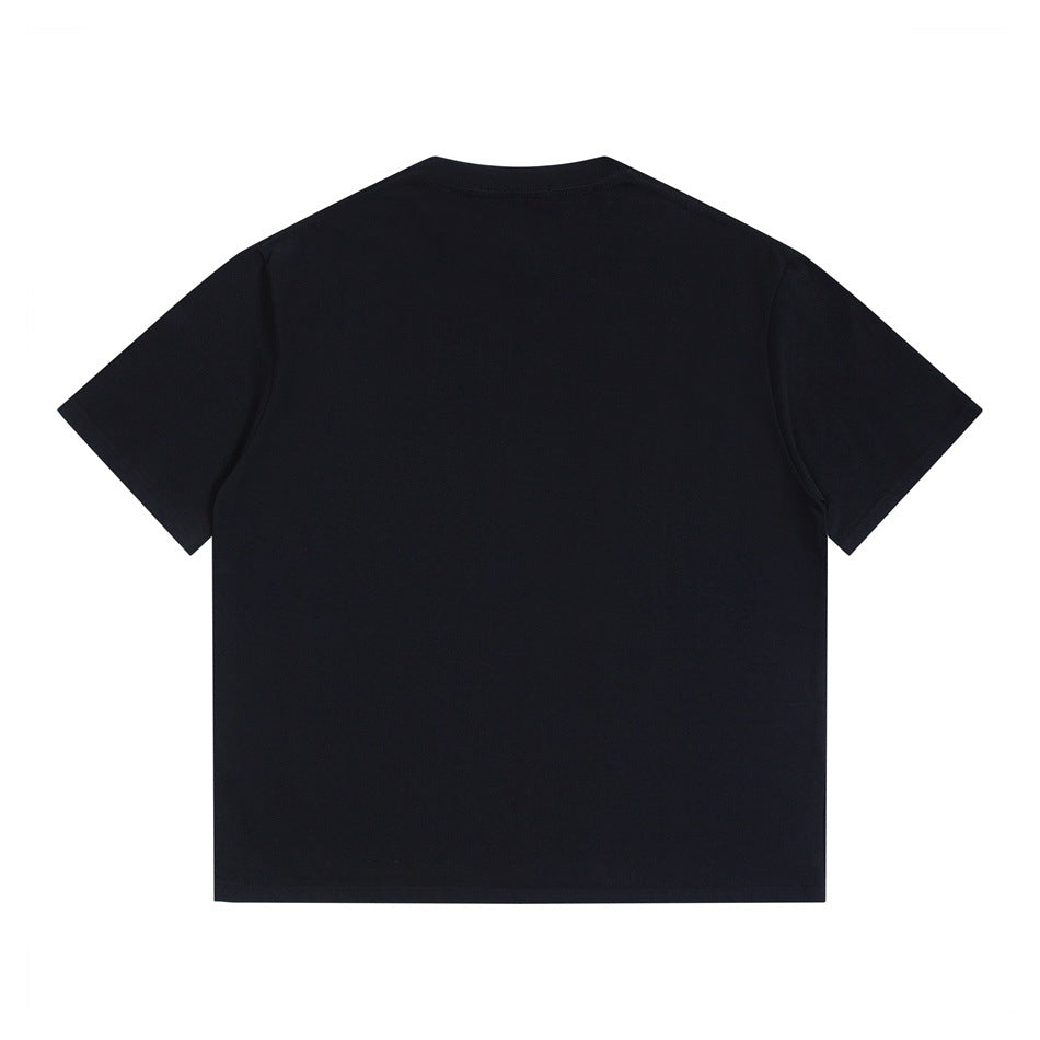 Black short-sleeve crew neck T-shirt laid flat, plain back view
