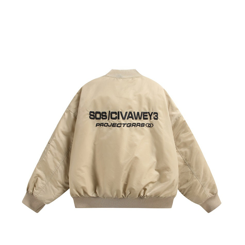 Khaki bomber jacket flat lay, back view with large embroidered lettering and ribbed collar, cuffs and hem