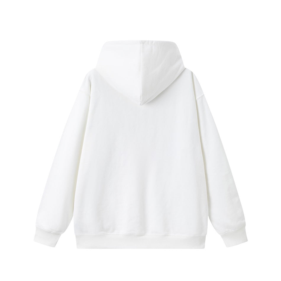Back view of a plain white hoodie with hood, dropped shoulders and ribbed cuffs and hem