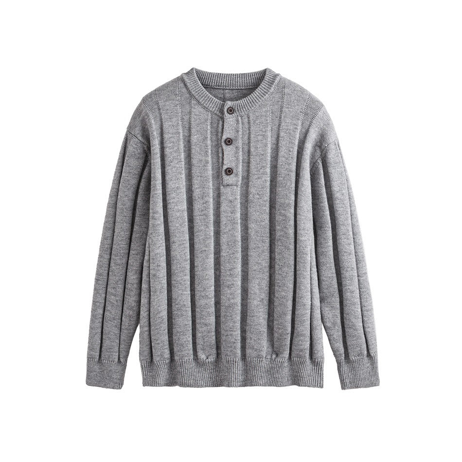 Light gray ribbed knit sweater with round neck and three-button placket, flat front view