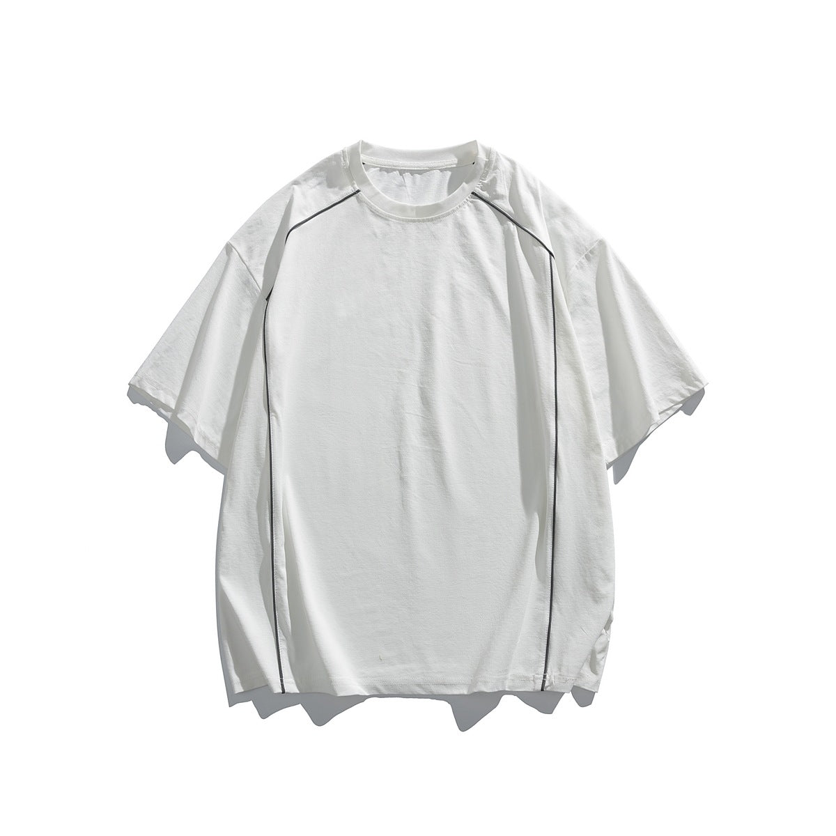 White short-sleeve crew-neck T-shirt flat lay with thin dark piping from shoulders down the sides