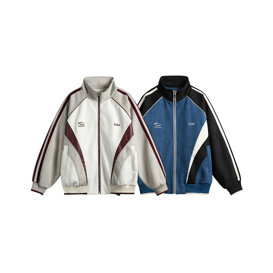 Two zip-front track jackets shown from the front: one gray, white, and burgundy; the other blue, black, and white.