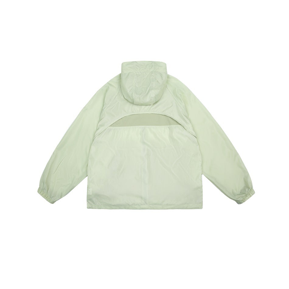 Back view of a pale mint hooded jacket with elastic cuffs and a curved mesh ventilation panel across the upper back.