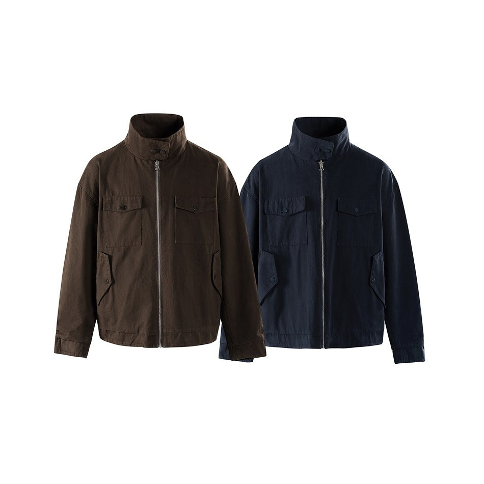 Two front views of a stand-collar jacket with zip closure and multiple pockets, in dark brown and navy.