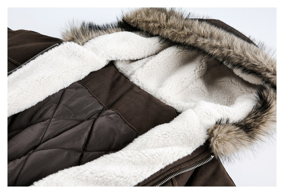 Close-up of a dark brown jacket hood with white plush lining and brown faux-fur trim.