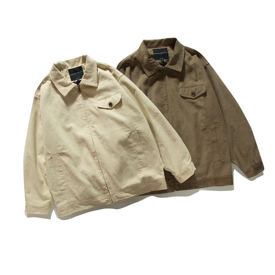 Two zip-front jackets shown together in cream and brown, each with a collar and chest pocket.