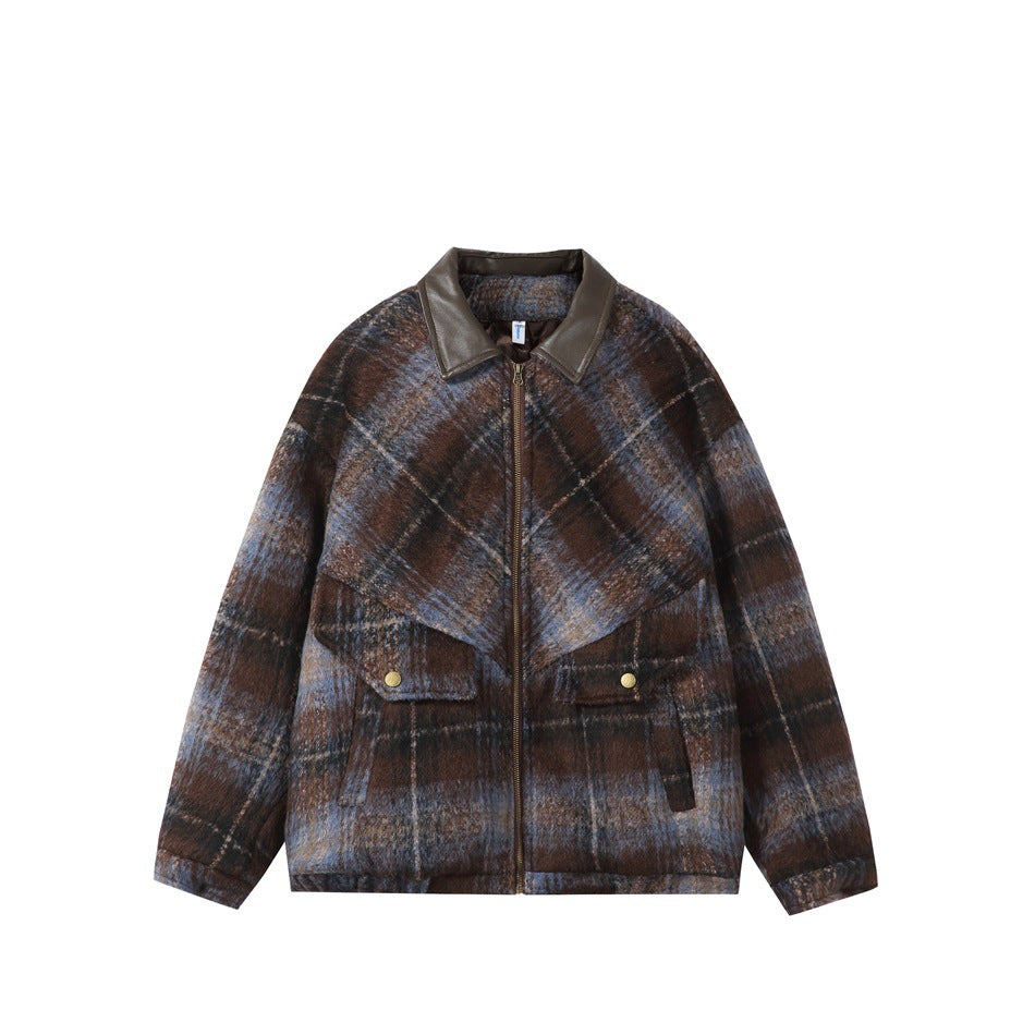 Brown and blue plaid zip jacket with leather-look collar, diagonal chest panel and snap flap pockets, front view