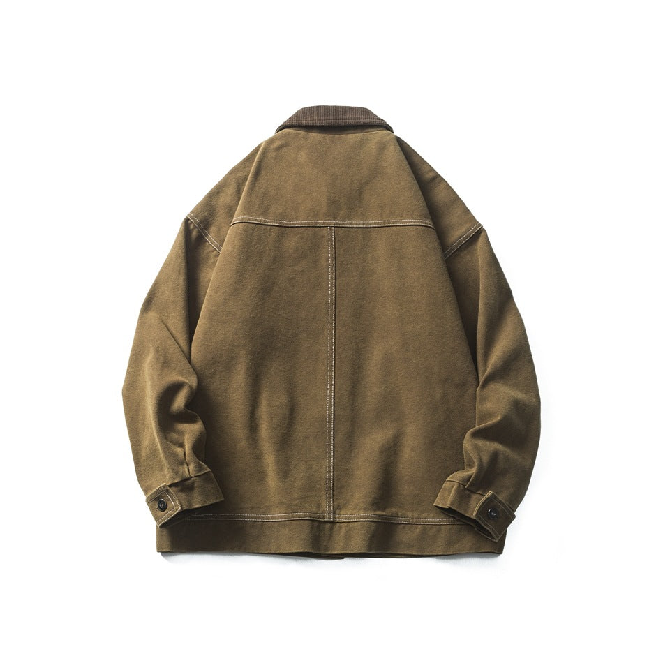 Back view of a brown work jacket with a dark corduroy collar, center seam, contrast stitching, and buttoned cuffs.