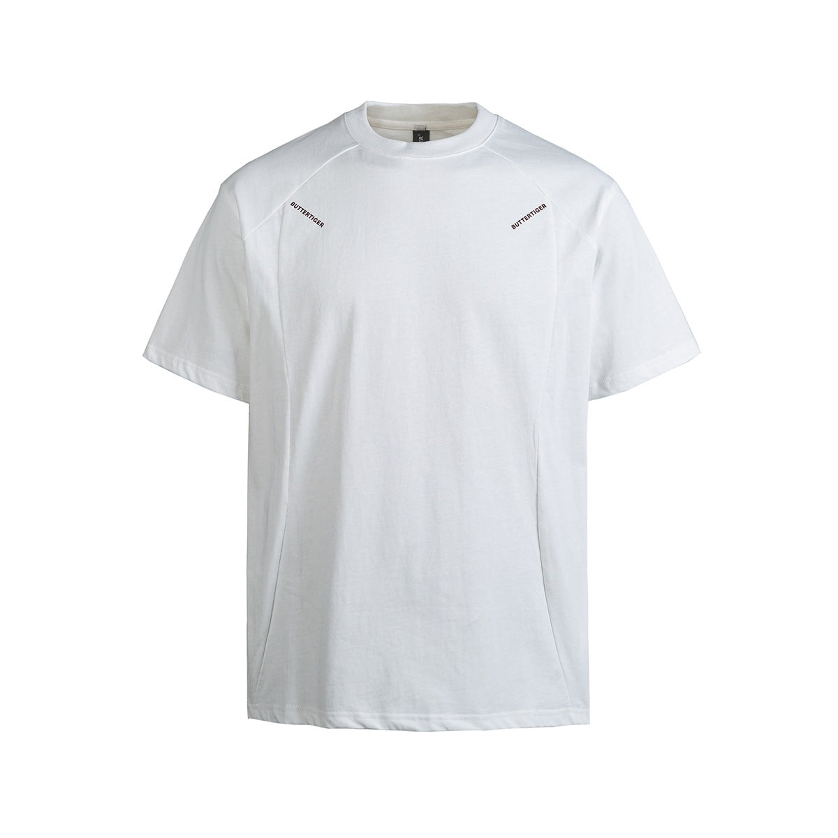 White short-sleeve crew-neck T-shirt, front flat view, with raglan shoulder seams and small text near each shoulder