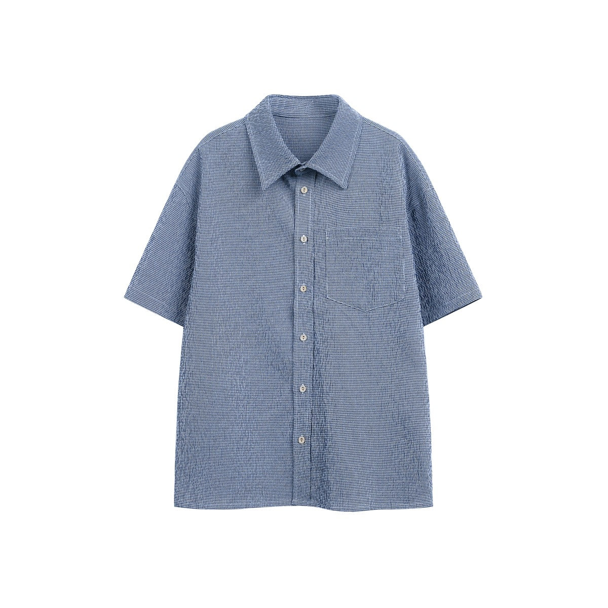 Blue micro-check short-sleeve button-up shirt with chest pocket, flat front view on white background