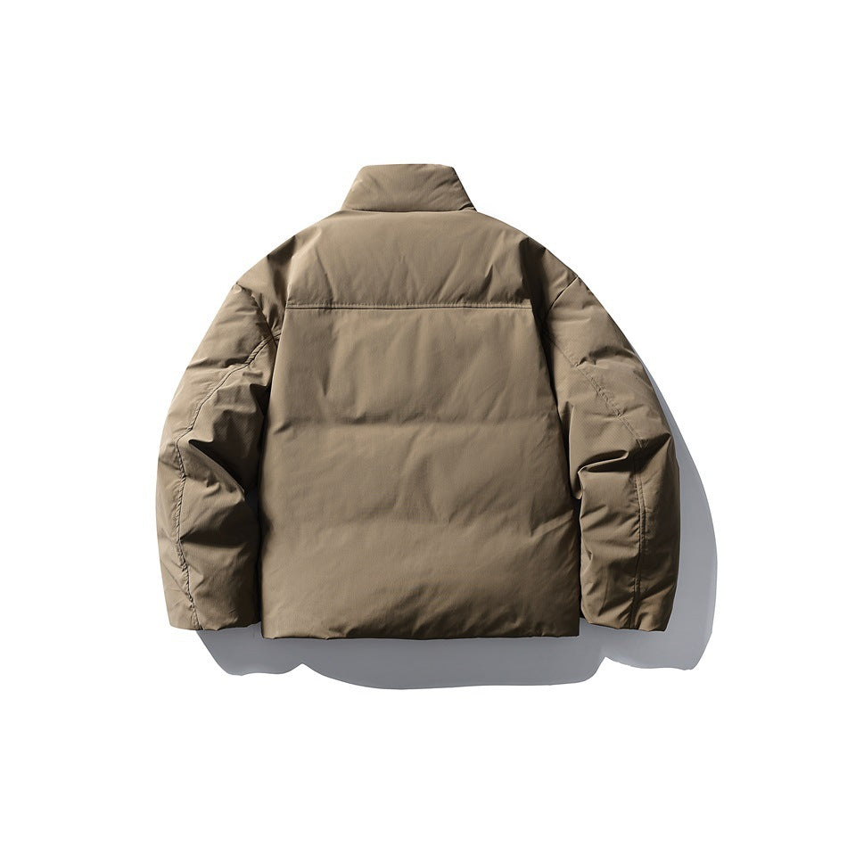 Back view of an olive-brown padded jacket with a high collar and horizontal upper-back seam.