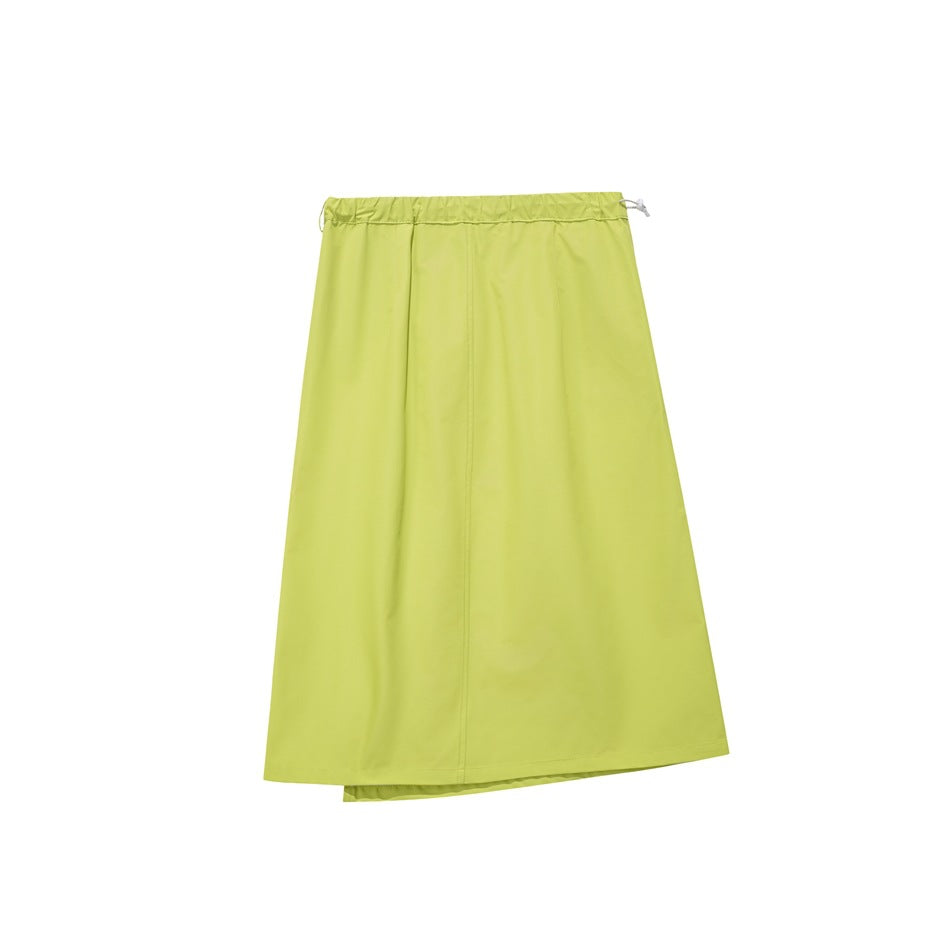 Lime green long A-line skirt laid flat, with a gathered drawcord waist and a straight front seam.