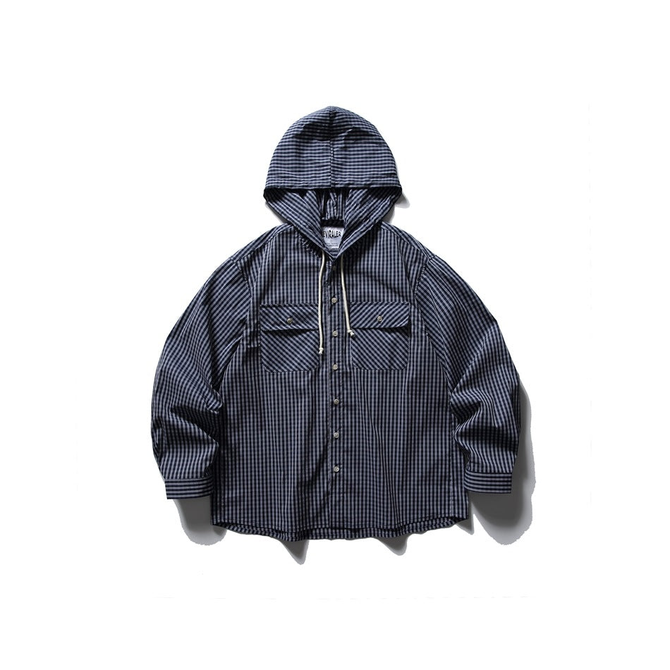 Navy blue plaid hooded button-up shirt, front flat lay with drawstring hood and two flap chest pockets