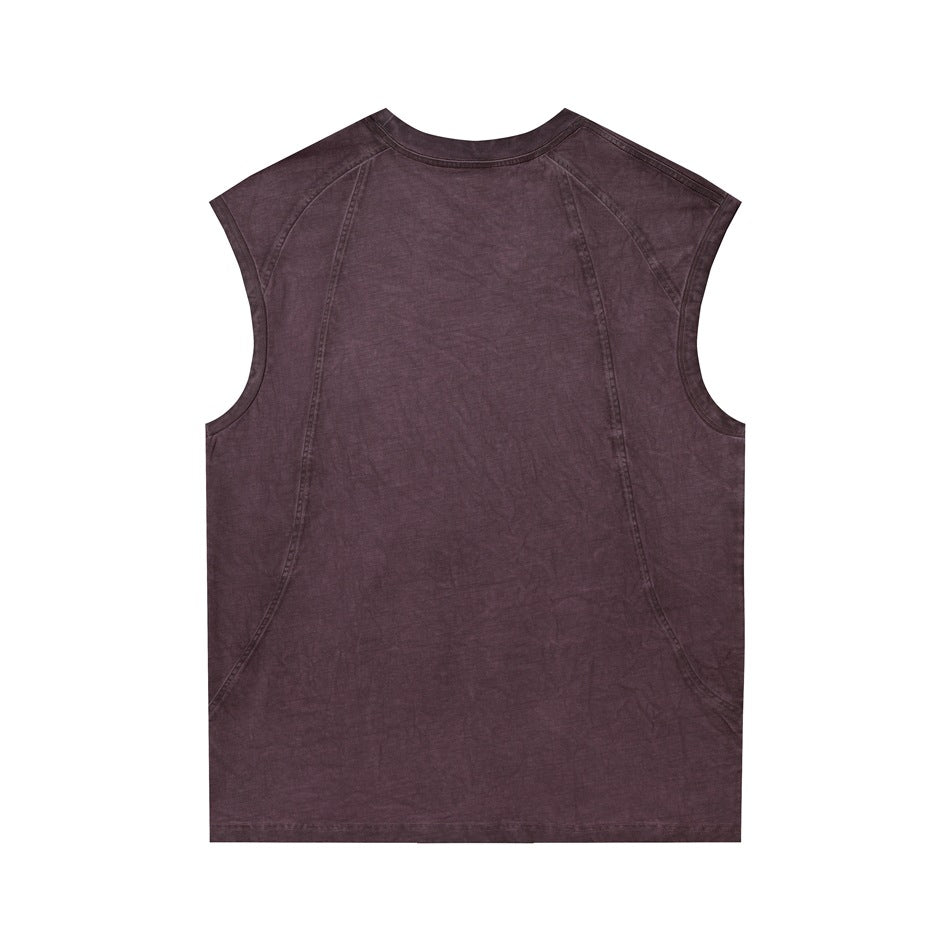 Purple washed sleeveless vest, back view, with raglan-style shoulder seams and curved back seam lines