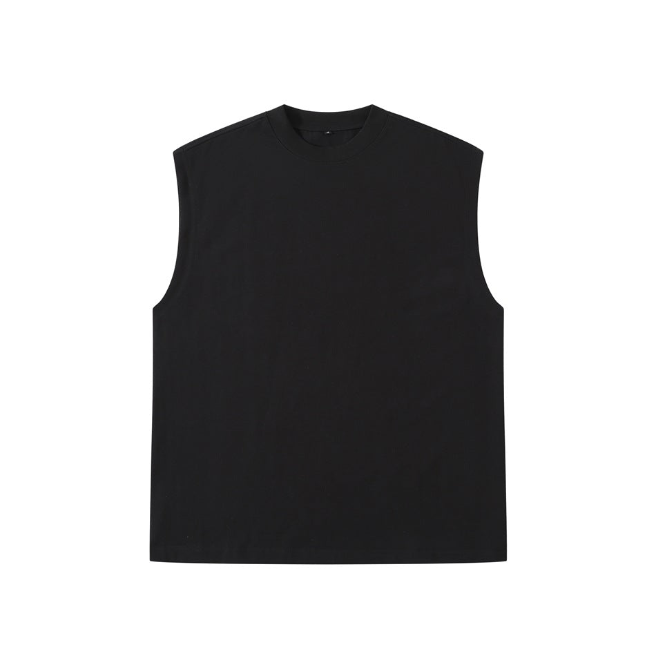 Black sleeveless crew-neck top, flat front view, with ribbed neckband and cut-off armholes
