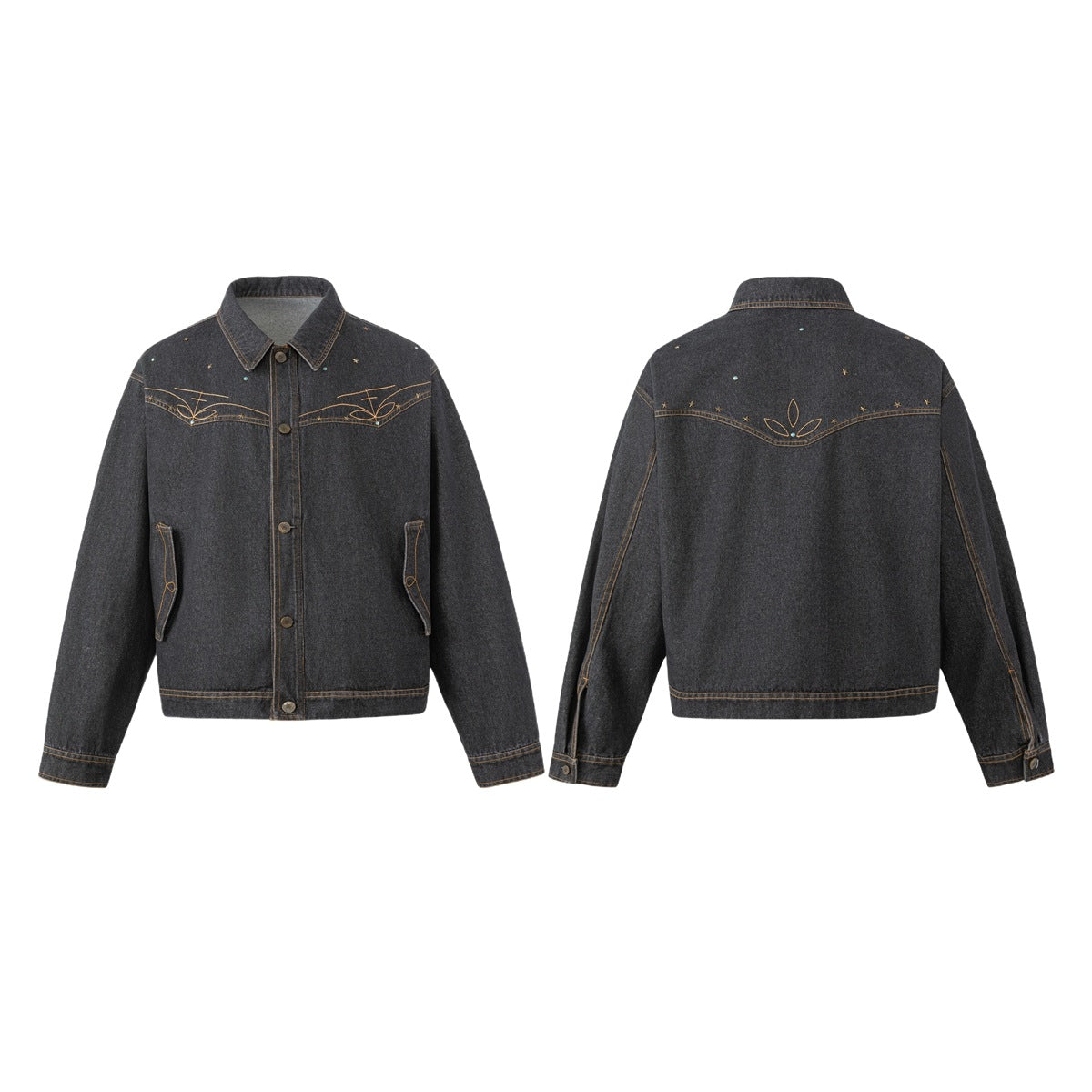 Black denim jacket shown from the front and back, with tan decorative stitching, buttons, and front pockets.