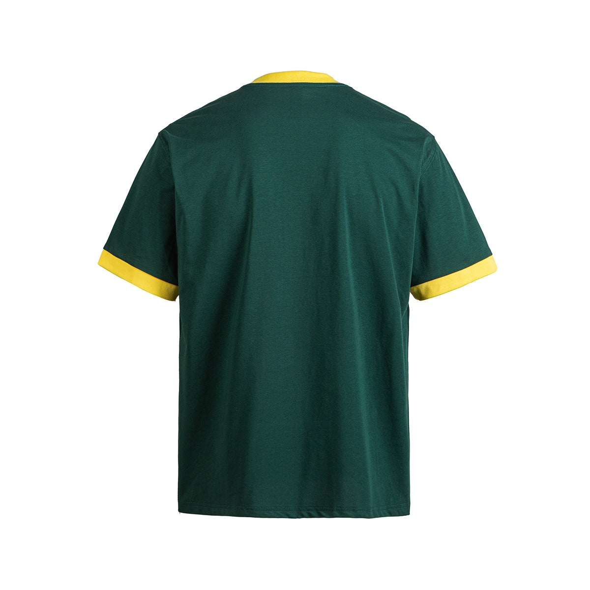 Back view of a dark green short-sleeve T-shirt with yellow collar and sleeve trim.