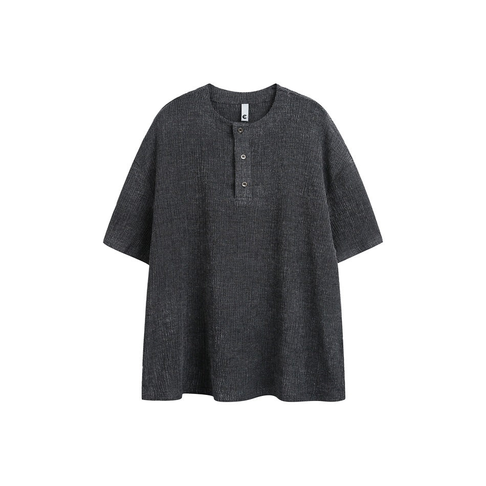 Dark gray short-sleeve Henley-collar T-shirt with three buttons and textured fabric, flat front view